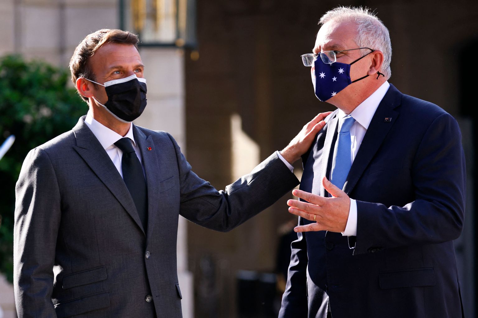 Austrālijas premjerministrs Skots Morisons un Francijas prezidents Emanuels Makrons