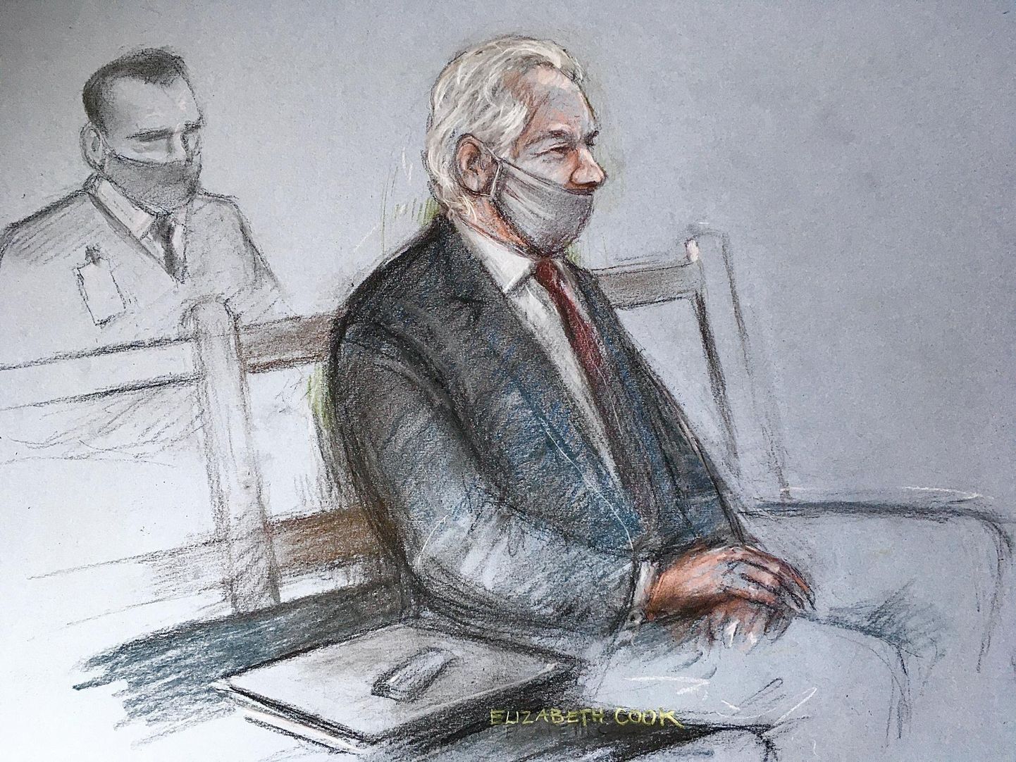 Kohtujoonistus WikiLeaksi asutajast Julian Assange’ist. Maski kandnud Assange ei näidanud kohtusaalis üles erilisi emotsioone.
