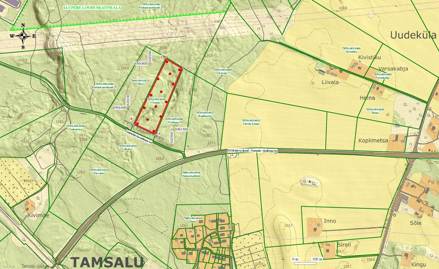 Uudeküla tulevase liiva- ja kruusakarjääri ala on kaardil markeeritud punase kastikesega.
