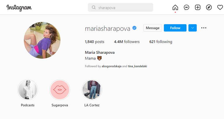 Скриншот профиля Марии Шараповой