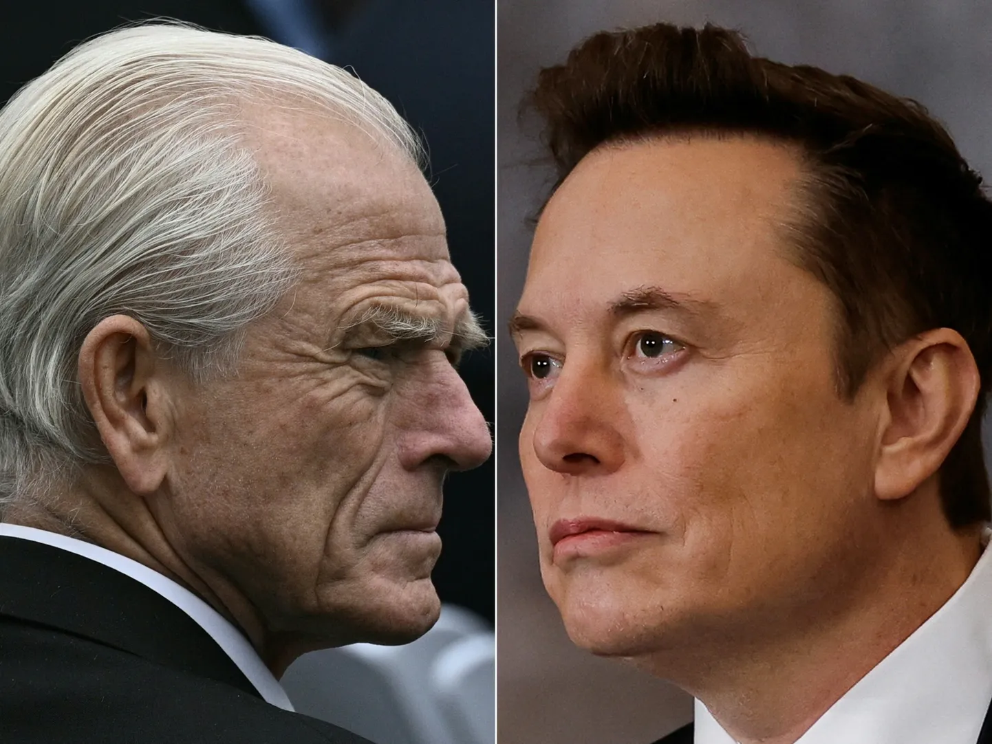 Kollaaž. 8. aprill 2025 piltidel: Peter Navarro Valges Majas ja Elon Musk Trumpi inauguratsioonil.