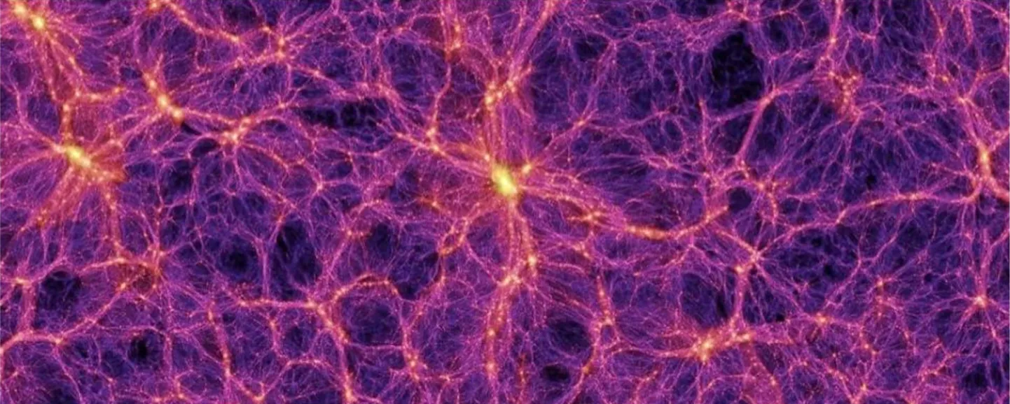 Tumeaine jaotuse numbrilistel simulatsioonidel saadud hetkepilt kosmilisest võrgustikust. Heledamad kohad tähendavad tumeaine jaotuse tihedamaid kohti. Tihedaimad kohad kujutavad tumeaine jaotust väga paljudest galaktikatest koosnevates galaktikaparvedes, peened „niitjad“ moodustised aga galaktikatest ja galaktikate gruppidest koosnevad filamendides. Näha on ka tühjemad kohad.