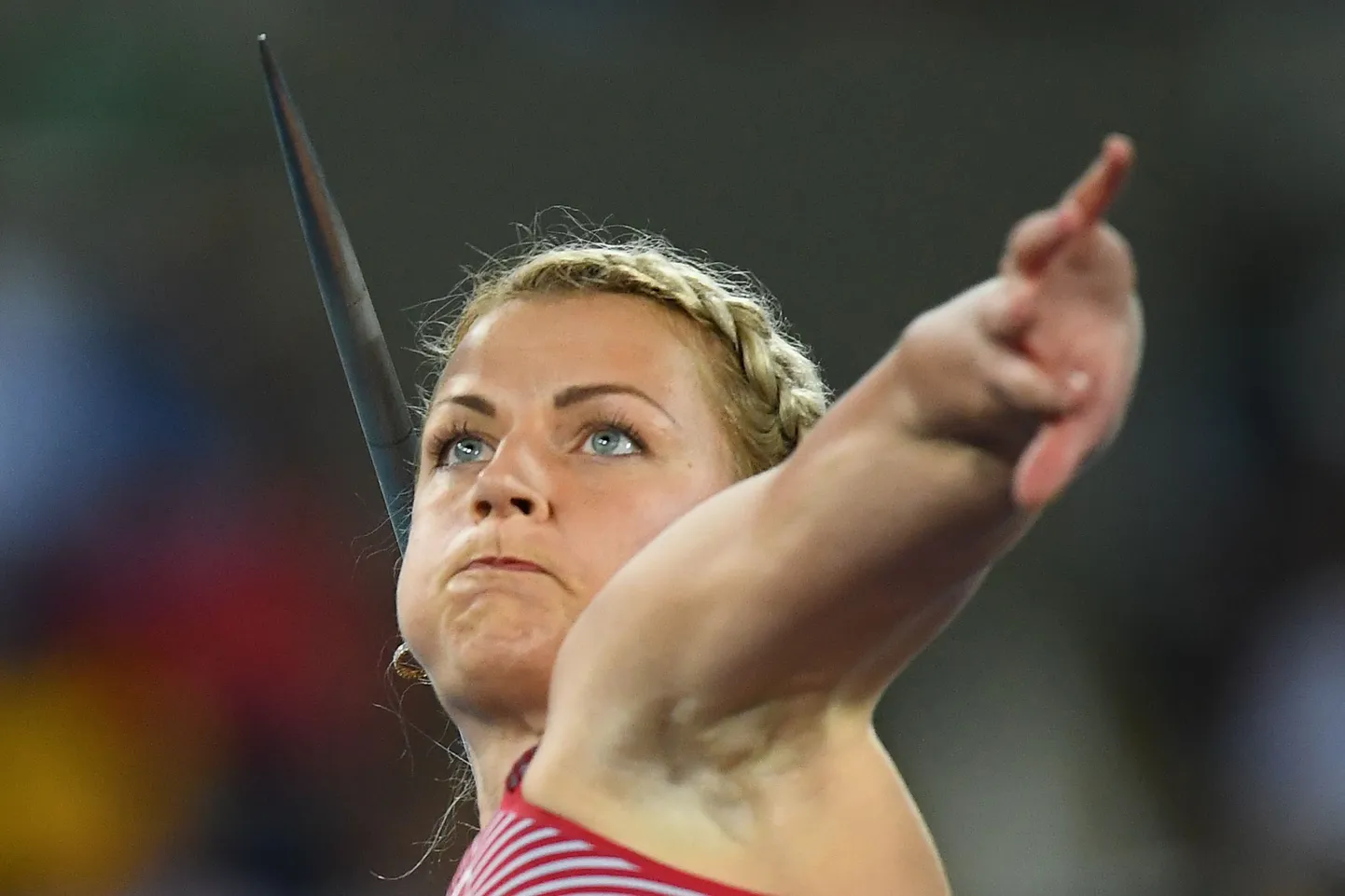 Latvia's Madara Palameika competes in the Women's Javelin Throw Final during the athletics event at the Rio 2016 Olympic Games at the Olympic Stadium in Rio de Janeiro on August 18, 2016.   / AFP PHOTO / FRANCK FIFE