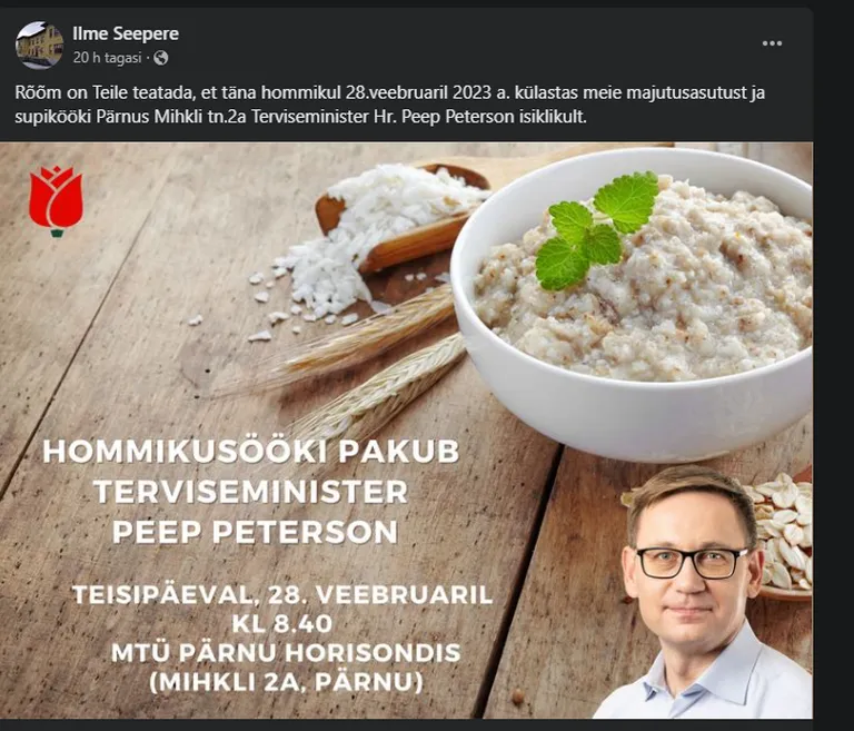 Eile hommikul reklaamiti ministri visiiti mitte MTÜ Horisondi ametlikul lehel, vaid selle lahkunud asutaja sotsiaalmeediakontol.