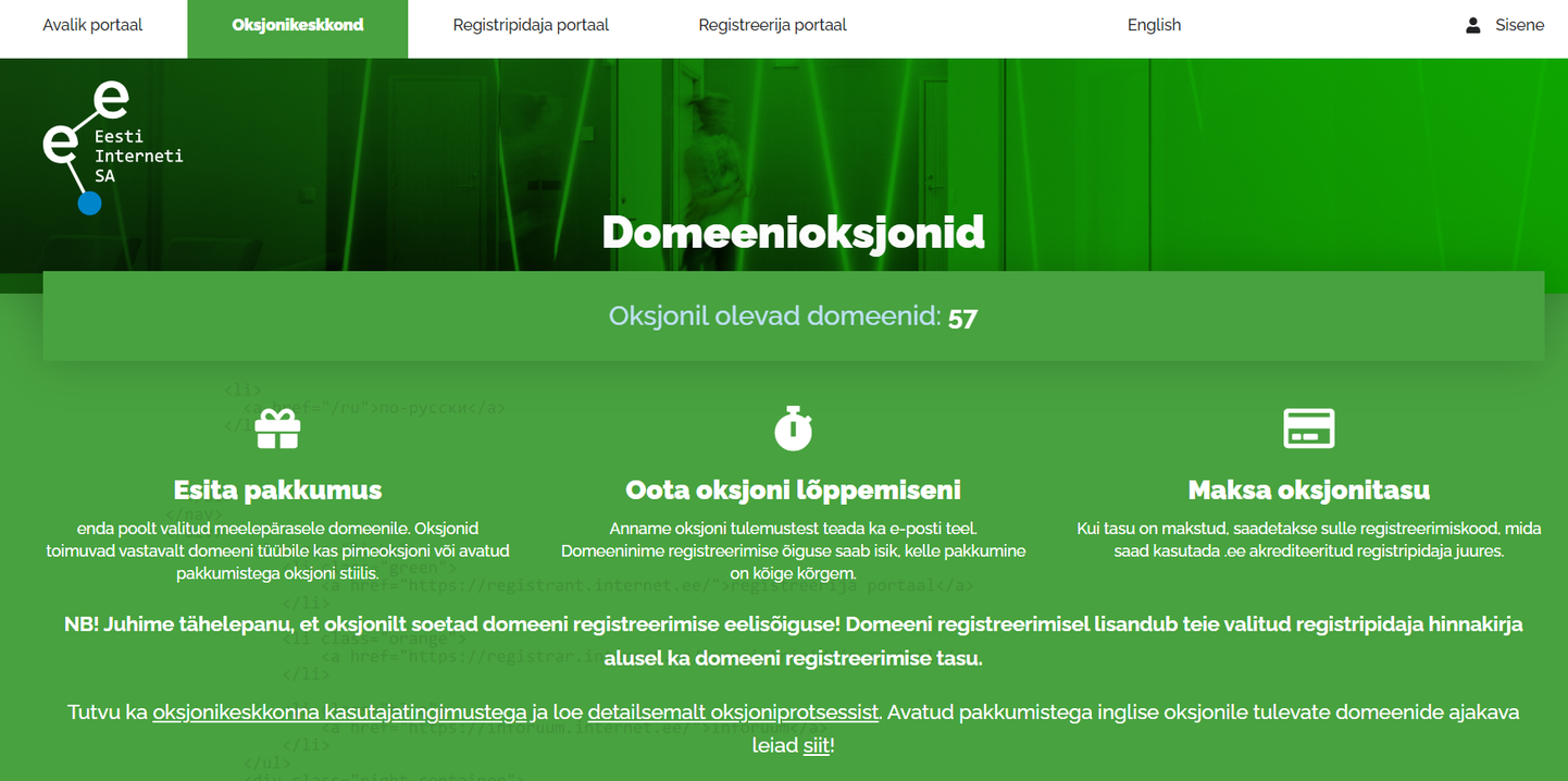 Eesti Interneti Sihtasutuse veebiaadresside oksjonikeskkond.