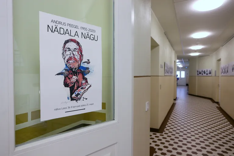 Andrus Peegli näituse plakat koridoriukse klaasil.