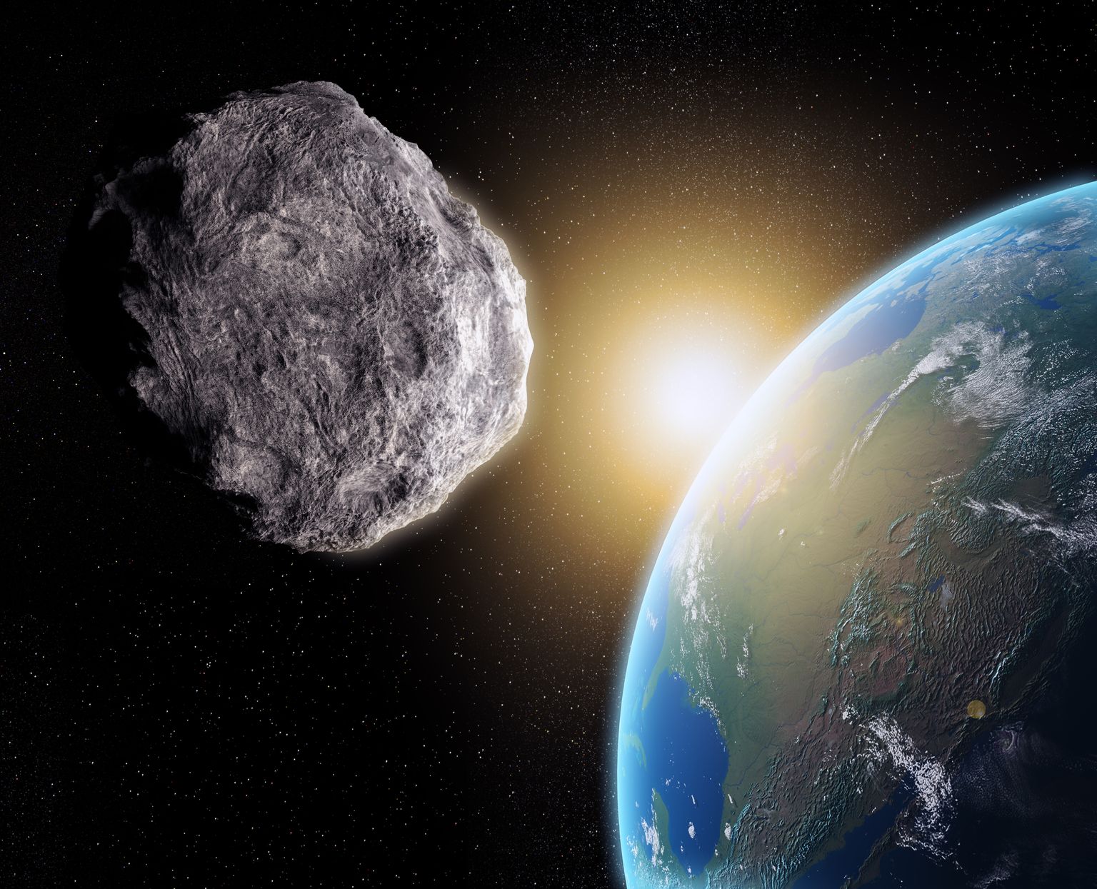Asteroid liikumas Maa lähedal. Pilt on illustreeriv