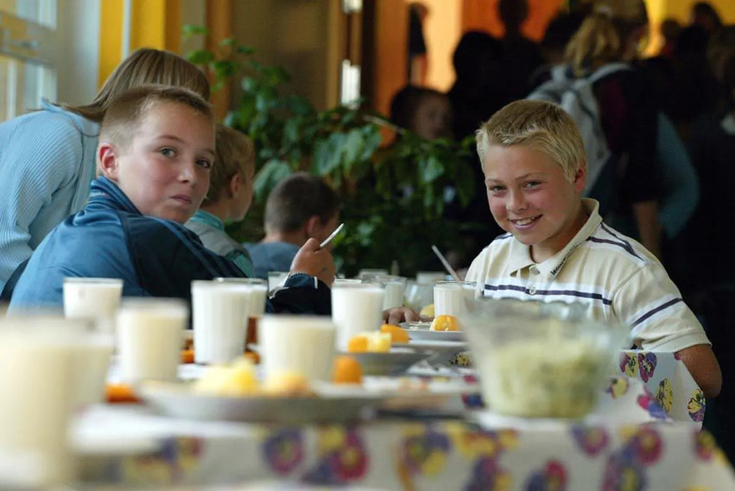 Rakvere reaalgümnaasiumi V klassi poisid Reimo Eskor (vasakul) ja Taavi Mesi kiidavad koolitoidu juurde kuuluvat keefirit. Mullu jõid nad mõnuga koolipiima - jogurtit.