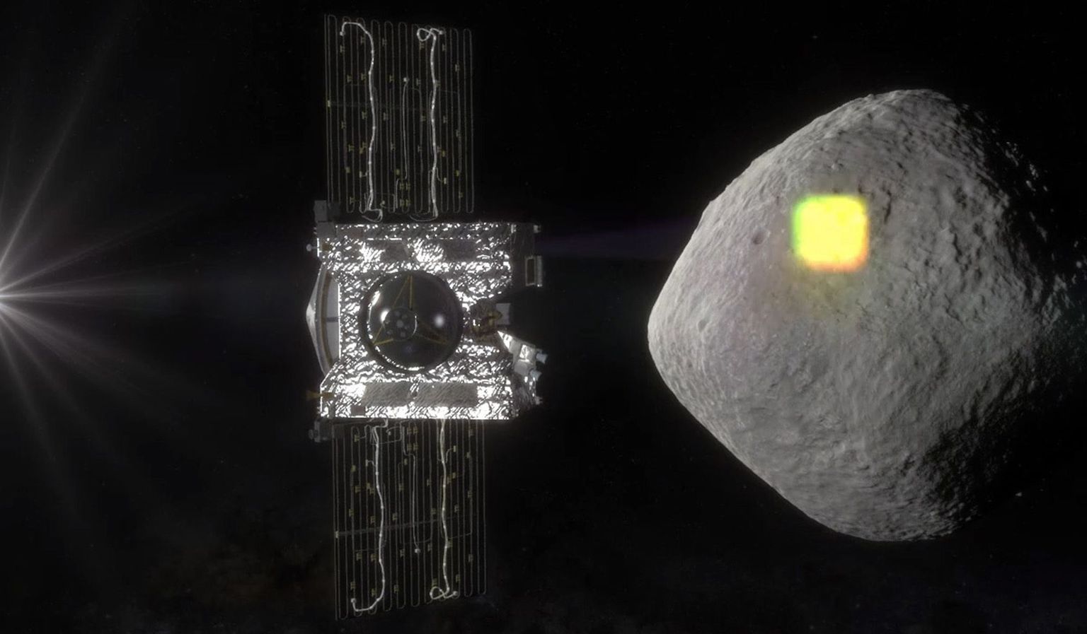 Kunstniku kujutis NASA OSIRIS-Rex kosmoselaevast, mis uurib Maa-lähedast asteroidi Bennu. Värskes uuringus käisid teadlased välja teooria, et kosmoselendudel vajalikku kaitset kosmilise kiirguse eest võivad pakkuda just asteroididelt kaevandatavad materjalid.