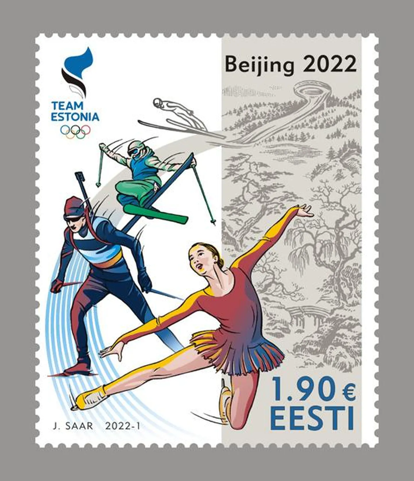 Pekingi taliolümpiamängude postmark, kujundanud Jaan Saar.