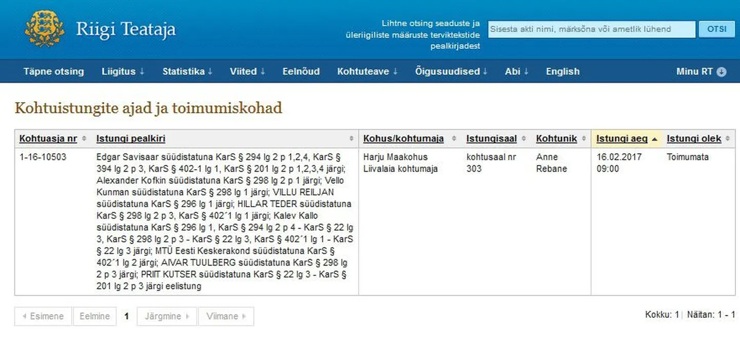 Kohtuistungite ajakava.