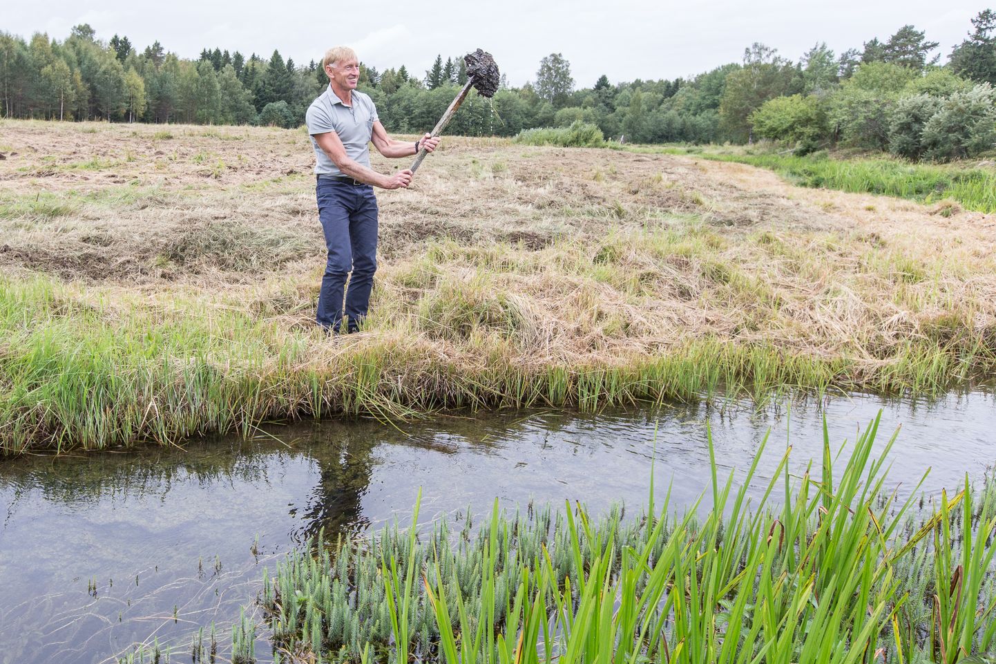 Jõe talu õuel looklevas Kohtla jõe käärus on vesi selge ja puhas; projektijuht Raimo Jaaksoo demonstreeris, mis peitub jõe põhjas. MATTI KÄMÄRÄ