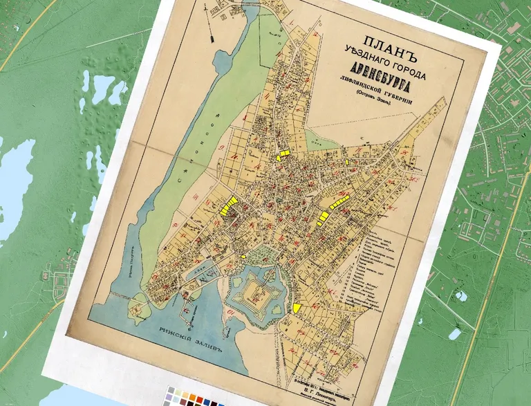 Joonis 4. Kuressaare linn aastal 1911. 19. Sajandi jooksul kujunenud ajaloolised krundid on märgitud kollasega. LVVA.6828.4.525