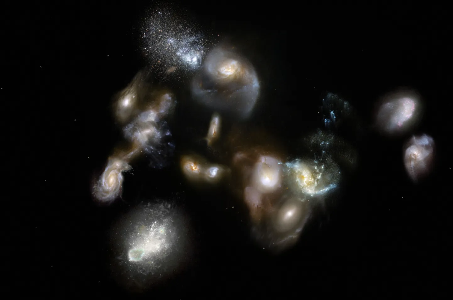 Kunstniku nägemus muistsest kaugest galaktikaparvest SPT2349-56. 14 galaktikat, mis siin koonduvad, võivad edasiste vaatluste põhjal lisa saada