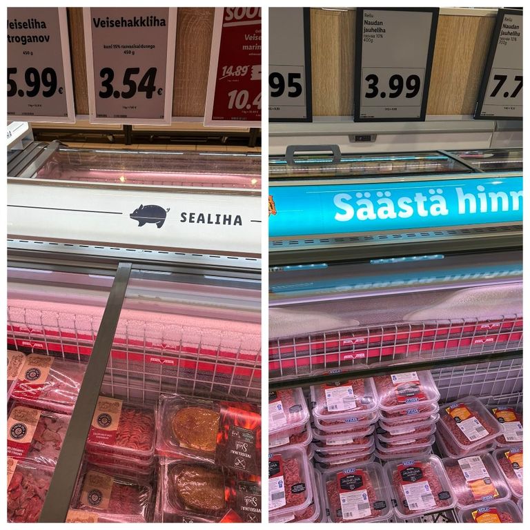Говяжий фарш в супермаркете в Таллинне (слева) и в Хельсинки (справа).