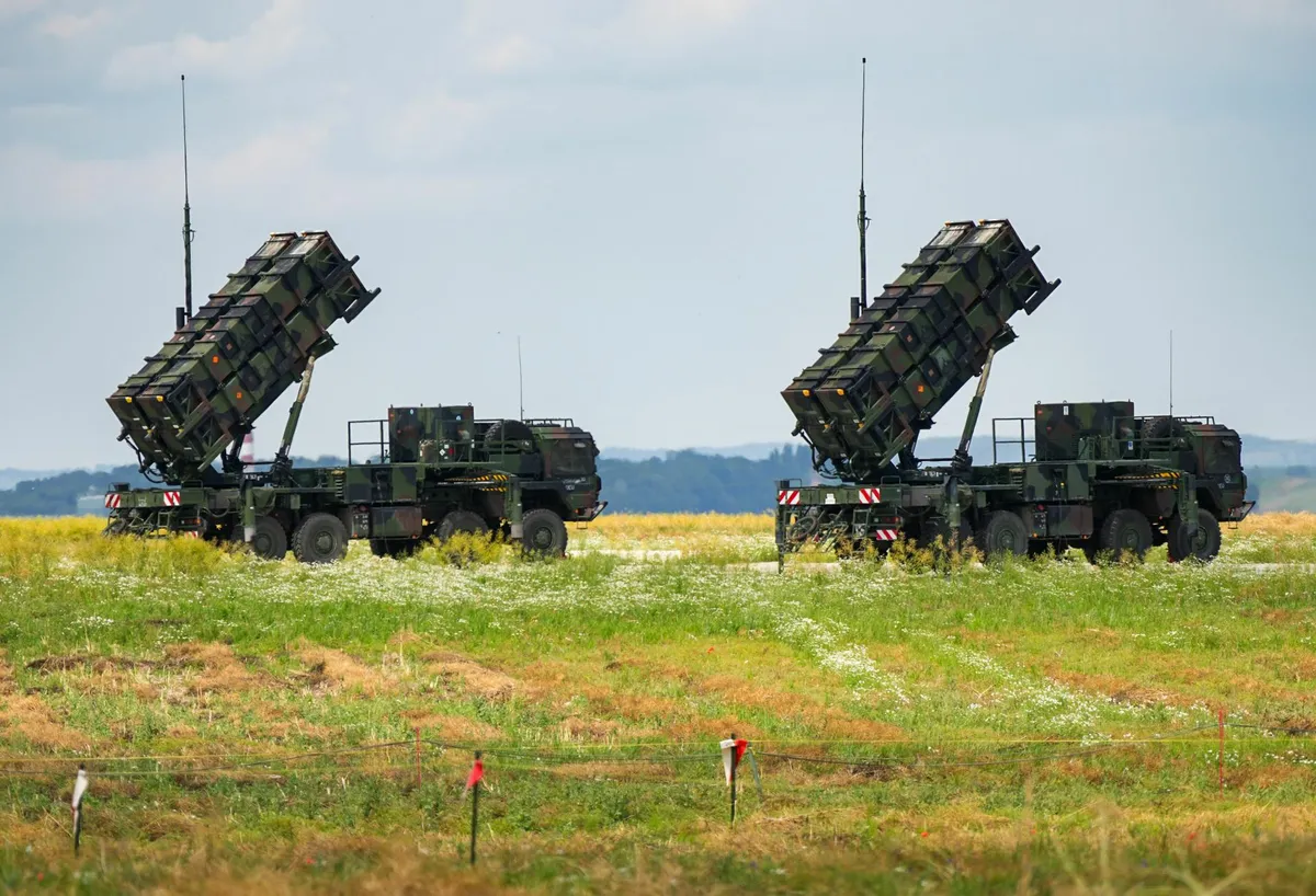 German Bundeswehr Patriot air defense systems securing Poland's eastern border in 2023.