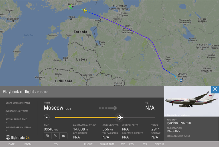 Vene presidendi lennuki IL-96 teekond Moskvast Helsingisse.