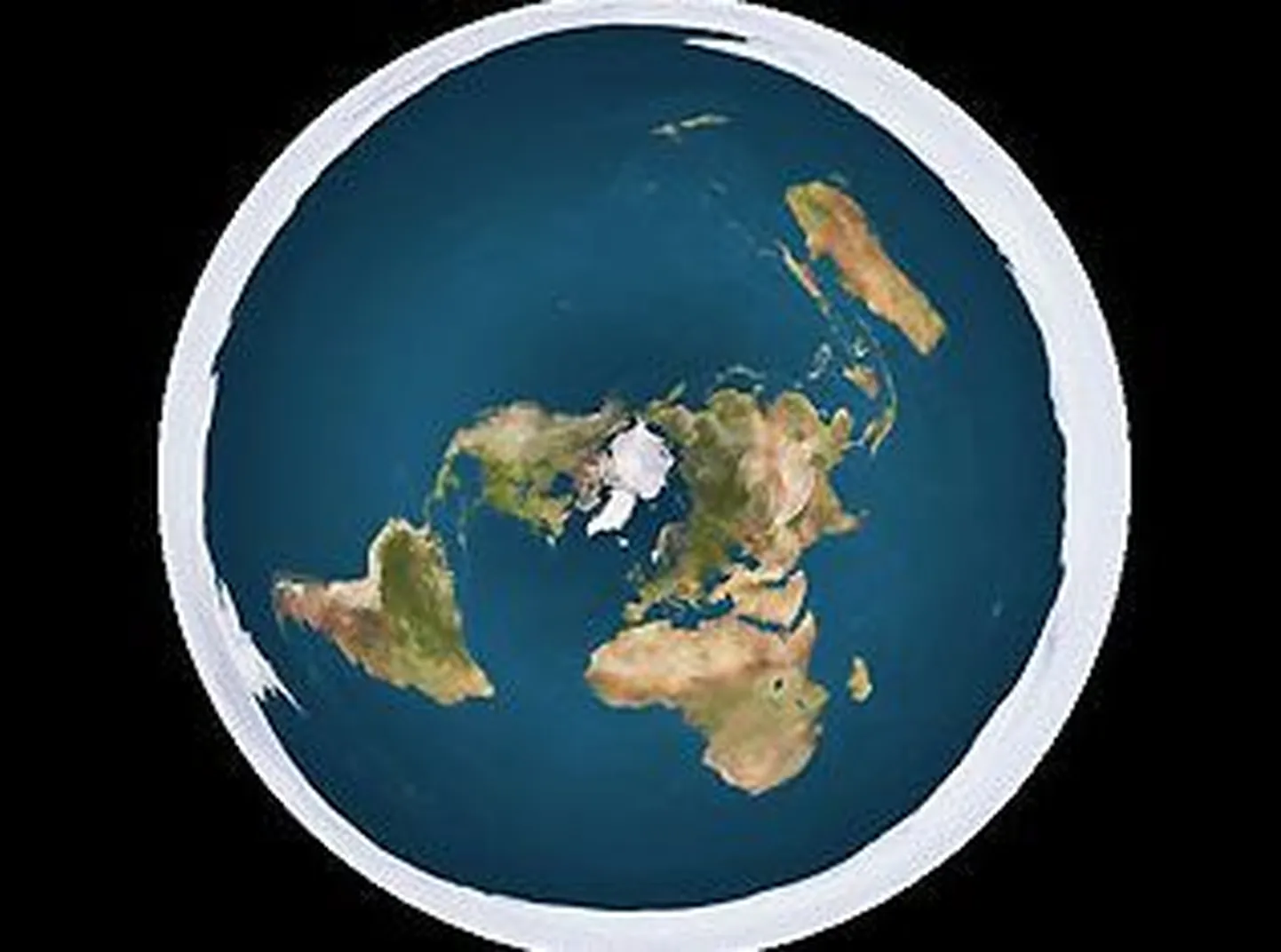 Arvutijoonis lapikust Maakerast. Keskel on Arktika ja välisel äärel Antarktika jääväljad, mis takistavd üle ääre kukkumist