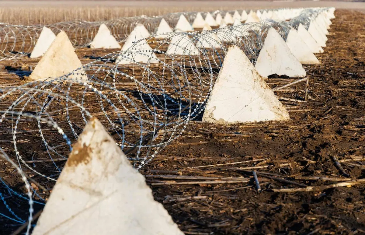A Ukrainian defensive line with dragon’s teeth and barbed wire in the Kharkiv region.