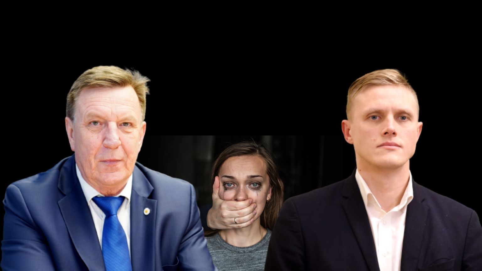 Женщина, страдающая от домашнего насилия, в окружении противников ратификации Стамбульской конвенции: министра внутренних дел Мариса Кучинскиса ("Объединенный список") и депутата Сейма Яниса Домбравы (Нацобъединение).
