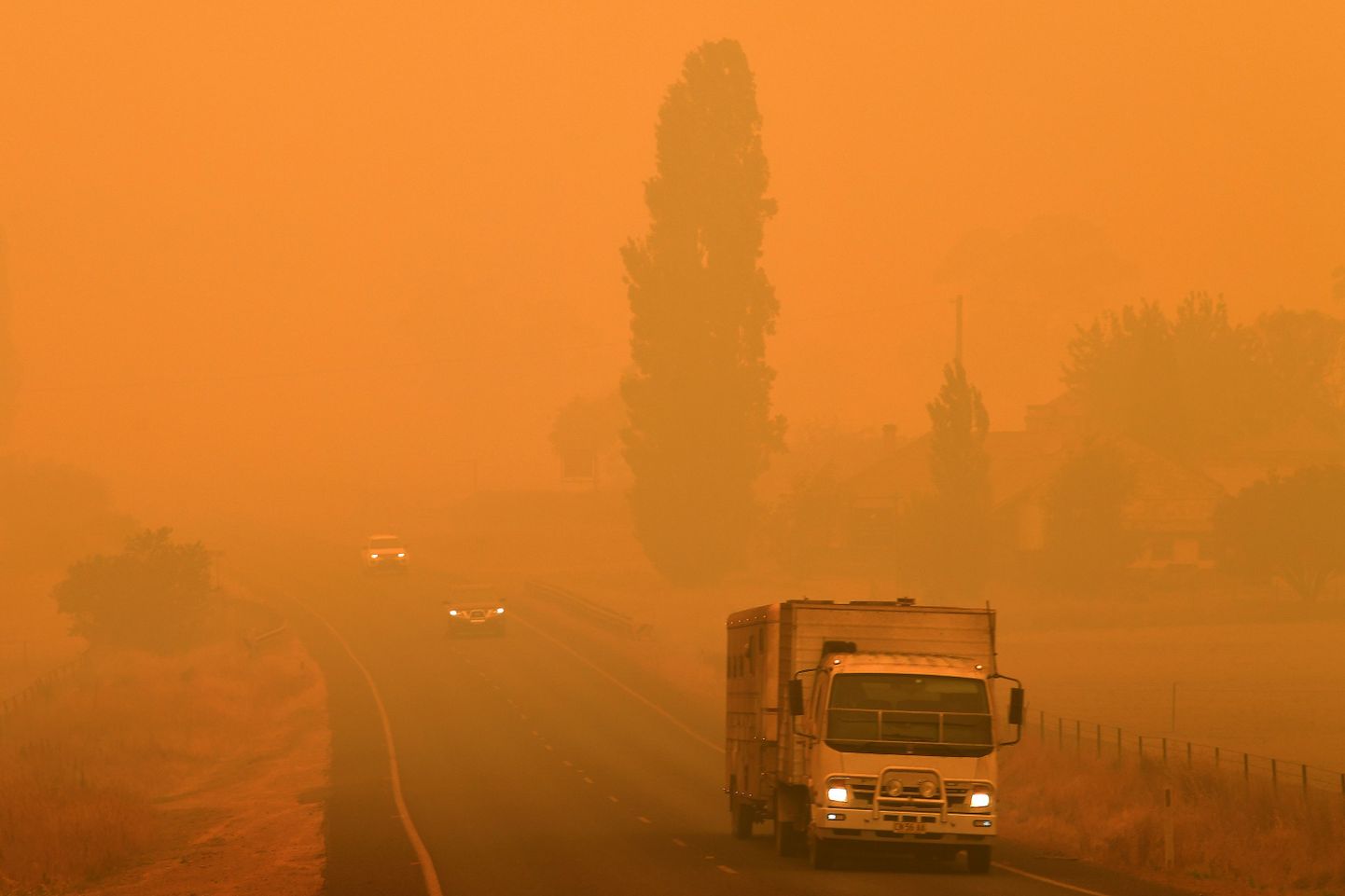 Põlengute suits matab maanteed Kagu-Austraalias Bembokas 5. jaanuaril.