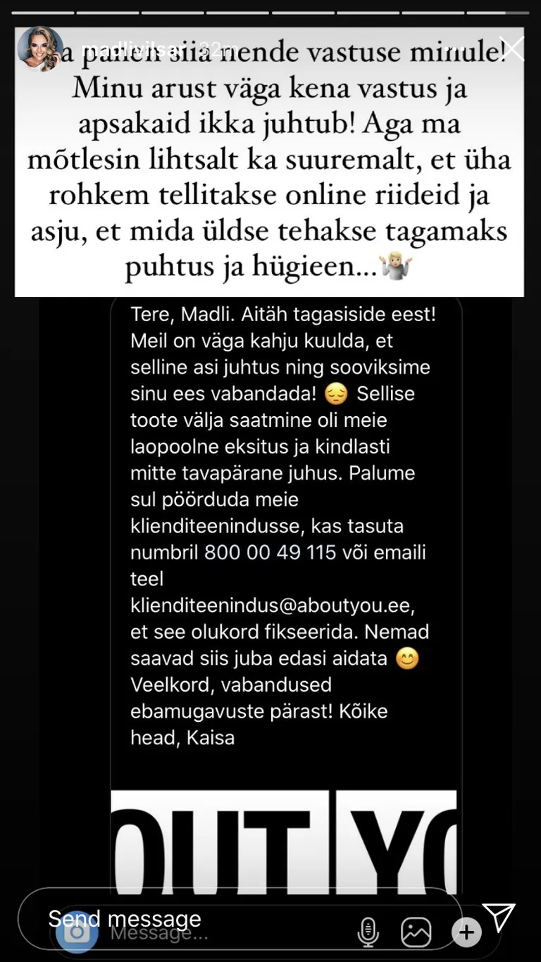 aboutyou.ee veebipood saatis Vilsarile ka vabandava vastuse.