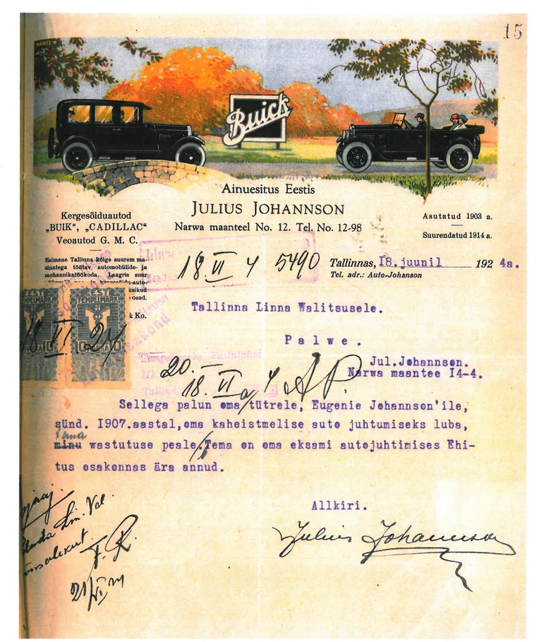 Esimese Eesti autosportlase ja -müüja Julius Johansoni palve Tallinna linnavalitsusele oma tütrele Eugeniale auto juhtimise loa saamiseks.Autojuhilube võisid sellel ajal saada vaid üle 20-aastased. Sellepärast saadeti selline erandlik palve lahendamiseks linnavalitsuse istungile.
27. juunil 1924. aastal otsustas linnavalitsus: «lubada Eugenia Johansonile II järgu autosõiduluba välja anda». Samal aastal sai juhiloa ka Eugenia ema Alide Johanson. Ema ja tütar Johansonid olid ilmselt esimesed ametliku juhiloaga naised Eesti Vabariigis.