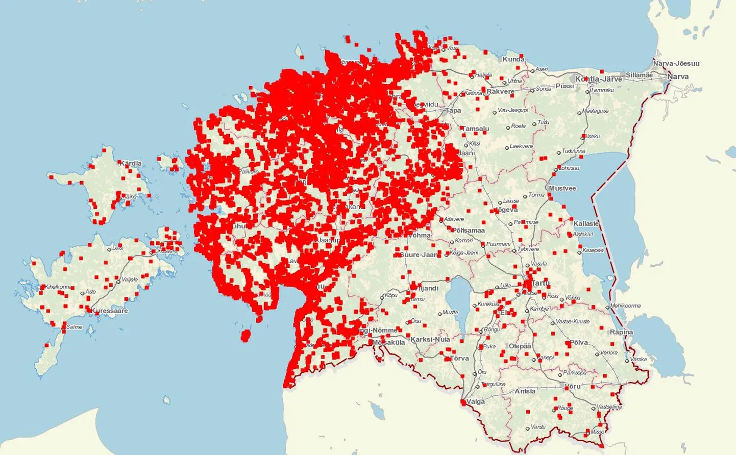 Just nõnda näeb välja DigiTee ja teiste maakondade projektide käigus koostatud kaart, kus on kujutatud kiire interneti sooviavaldused üle Eesti. Maapiirkondade suur huvi lairibalahenduste vastu elavdas aga ettevõtjate huvi ja riik otsustas kasutada hoopis nende abi interneti pakkumiseks.