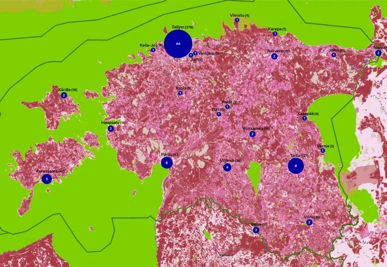 Näitusemajade arv ja nendes toimunud näituste arv (sulgudes)Eesti eri paikade lõikes kaardina.