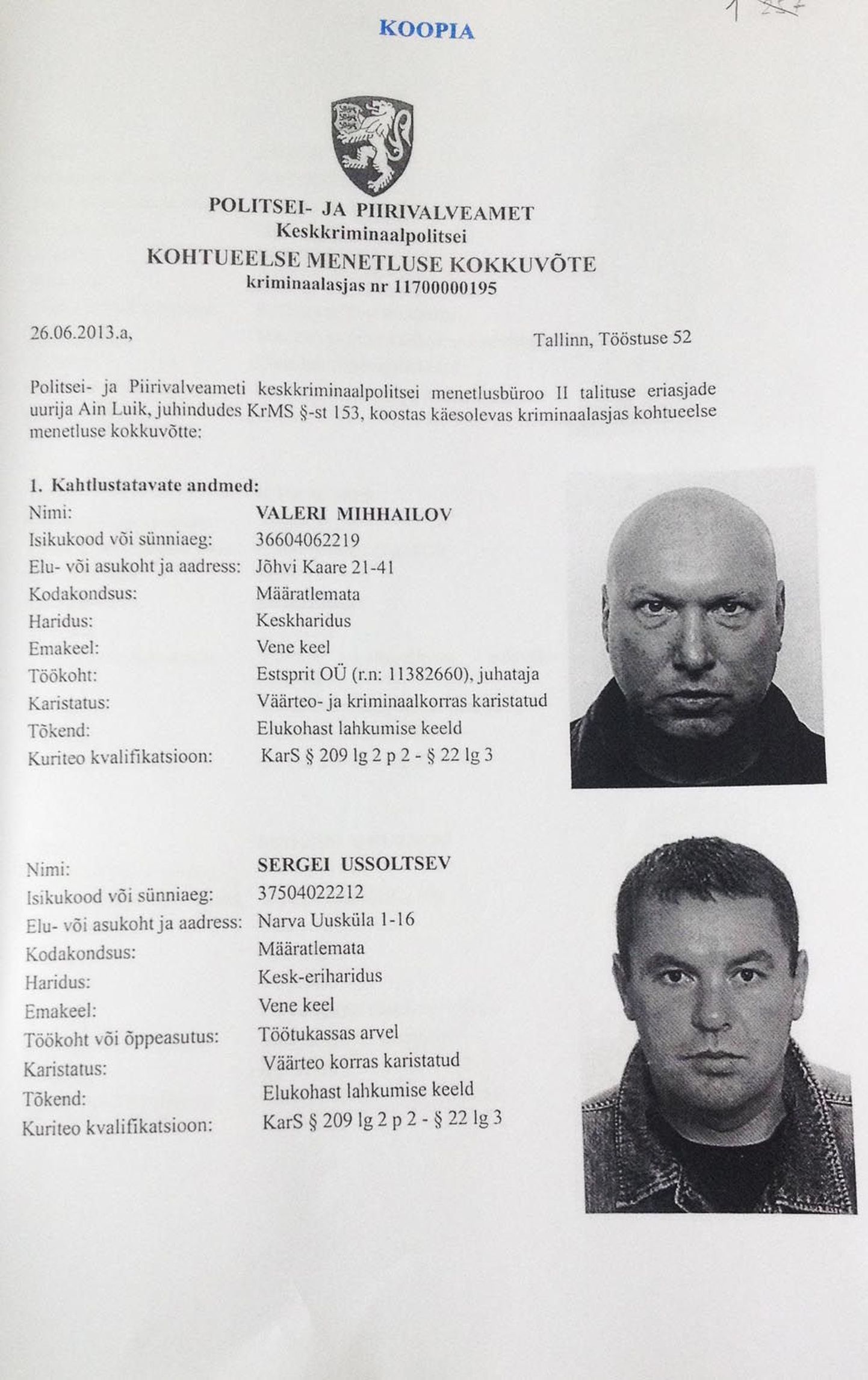 Fragment kriminaaltoimikust: fototabeli alguses troonivad kihlveopettuste kahe võtmefiguuri Valeri Mihhailovi ja Sergei Ussoltsevi näod.