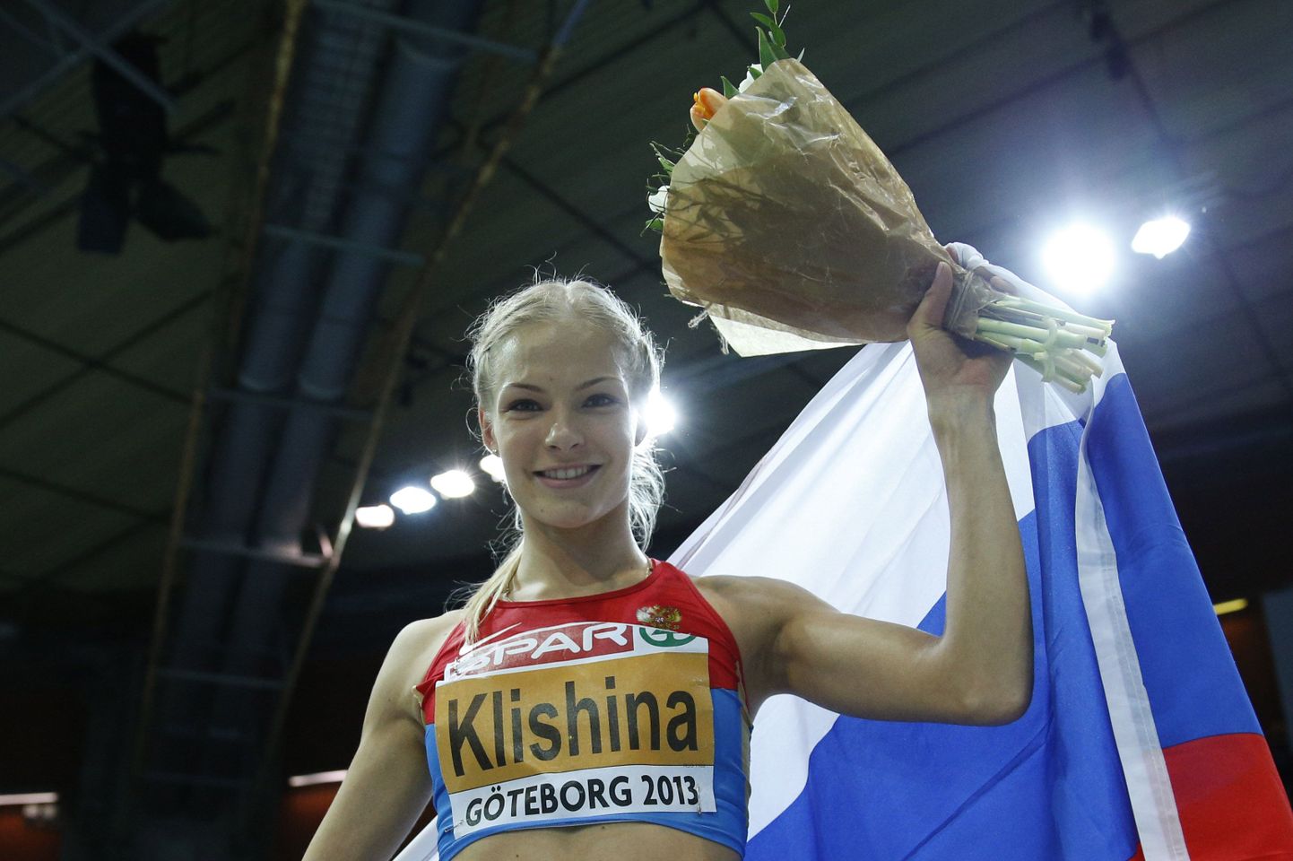 Дарья Клишина на ЧЕ в закрытых помещениях в Гетеборге (март, 2013), где она выиграла золото в прыжках в длину.