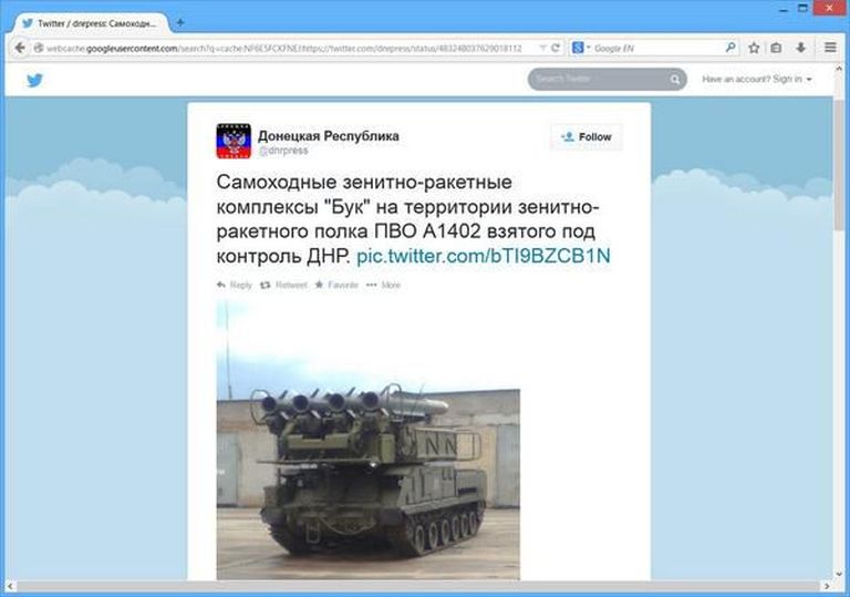 Kustutatud postitus nn Donetski Rahvavabariigi Twitteri kontolt, millel teatatakse Buk-tüüpi raketisüsteemi saamisest.