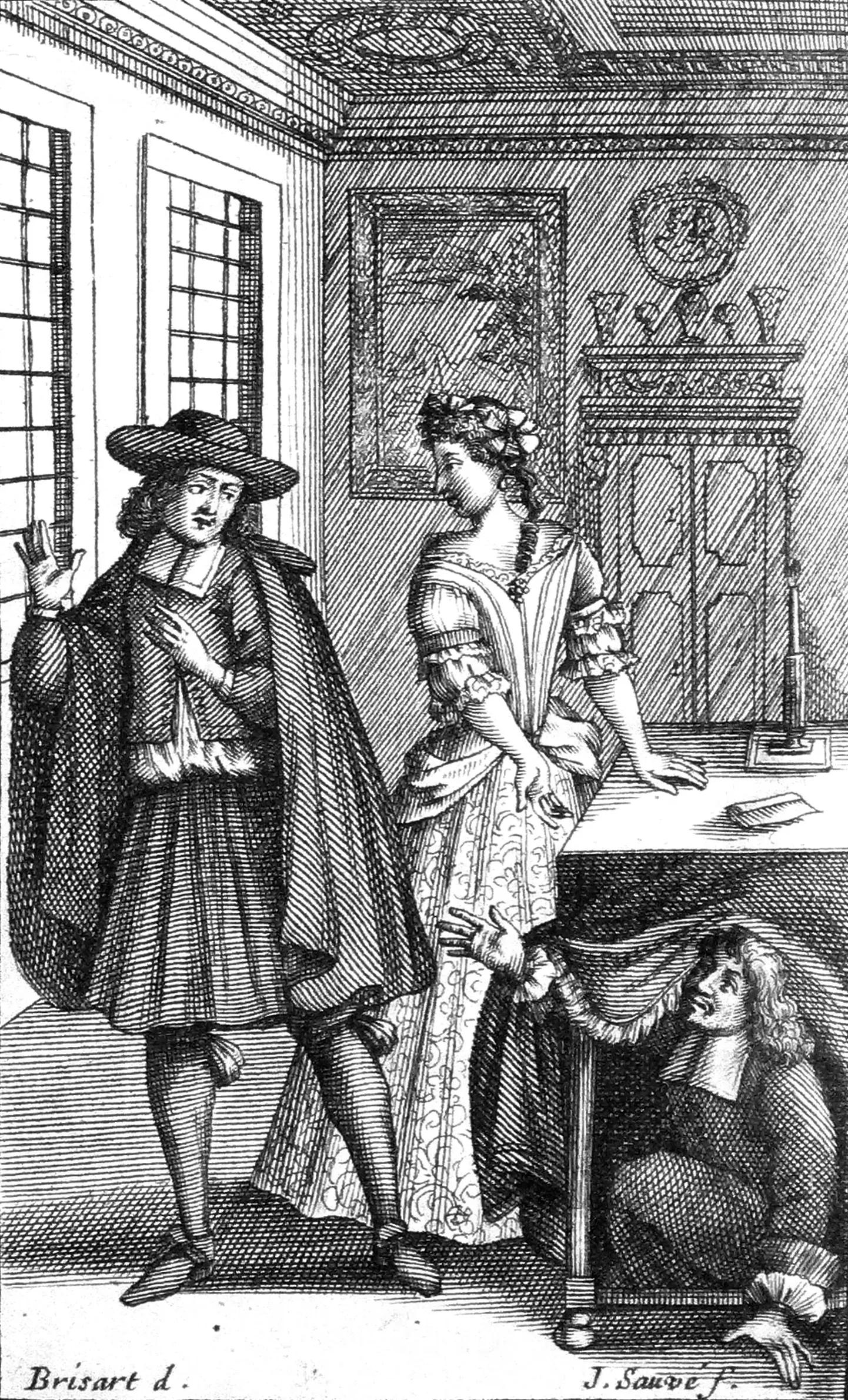 Mākslinieku Pjēra Brisāra un Žana Savē 1682. gadā darinātā gravīra ar Moljēra lugas "Tartifs" skatu.