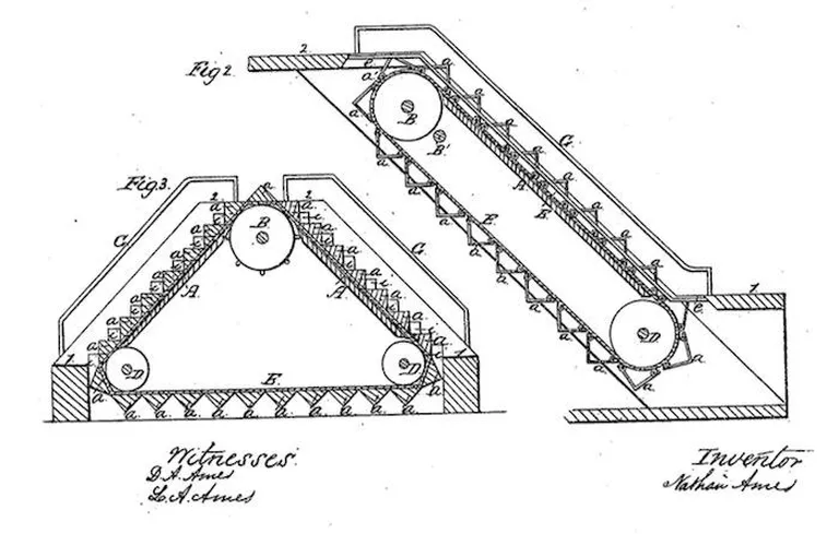 9. august 1859
Nathan Amesi patenteeritud eskalaatorite tehniline lahneds on üldjoontes jäänud tänaseni samaks. Joonis talle väljastatud patendist.