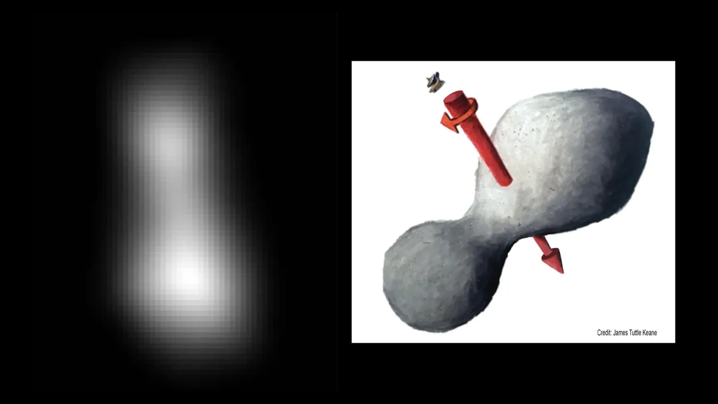 New Horizonsi esimene foto Ultima Thulest ja kunstniku joonis, millel on kosmosekivi pöörlemistelg kujutatud punase noolega.
