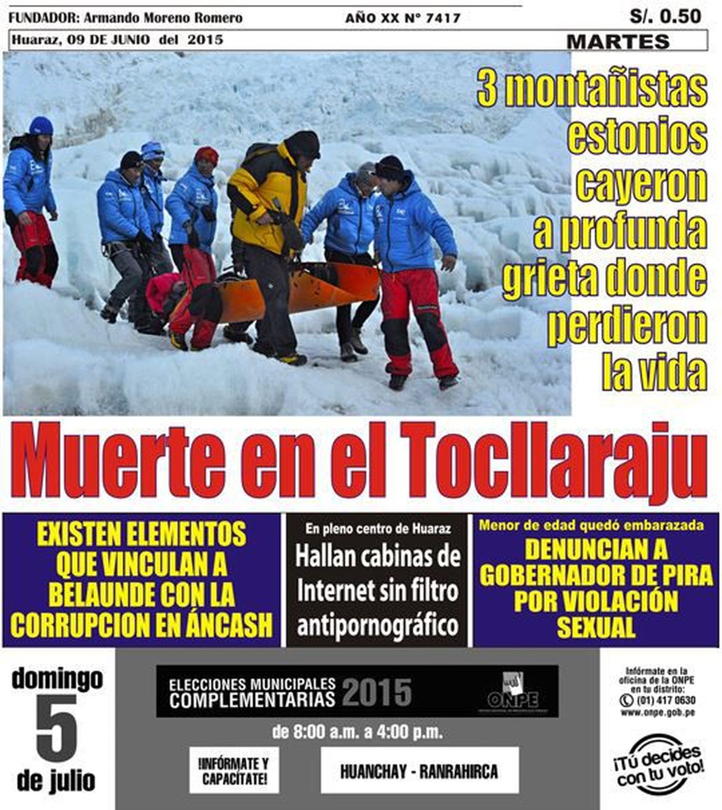 Kohaliku Peruu ajalehe esikülg: «Kolm Eesti mägironijat kukkusid sügavasse prakku, kus kaotasid elu»