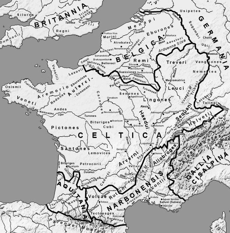 Kaart, millel on kujutatud Lääne-Euroopa aladel elanud hõime umbes 58. aasta paiku eKr
