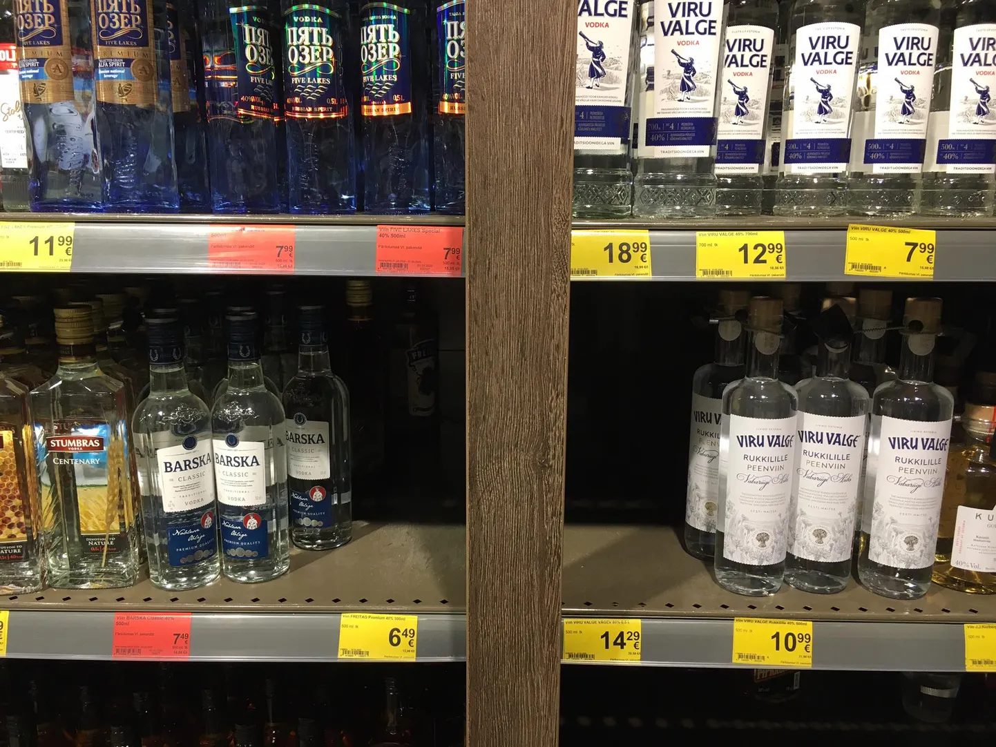 Ainuke viin, mis otsas, on Viru Valge vägev 80%. Pildil Lasnamäe Maxima 12. märtsil.