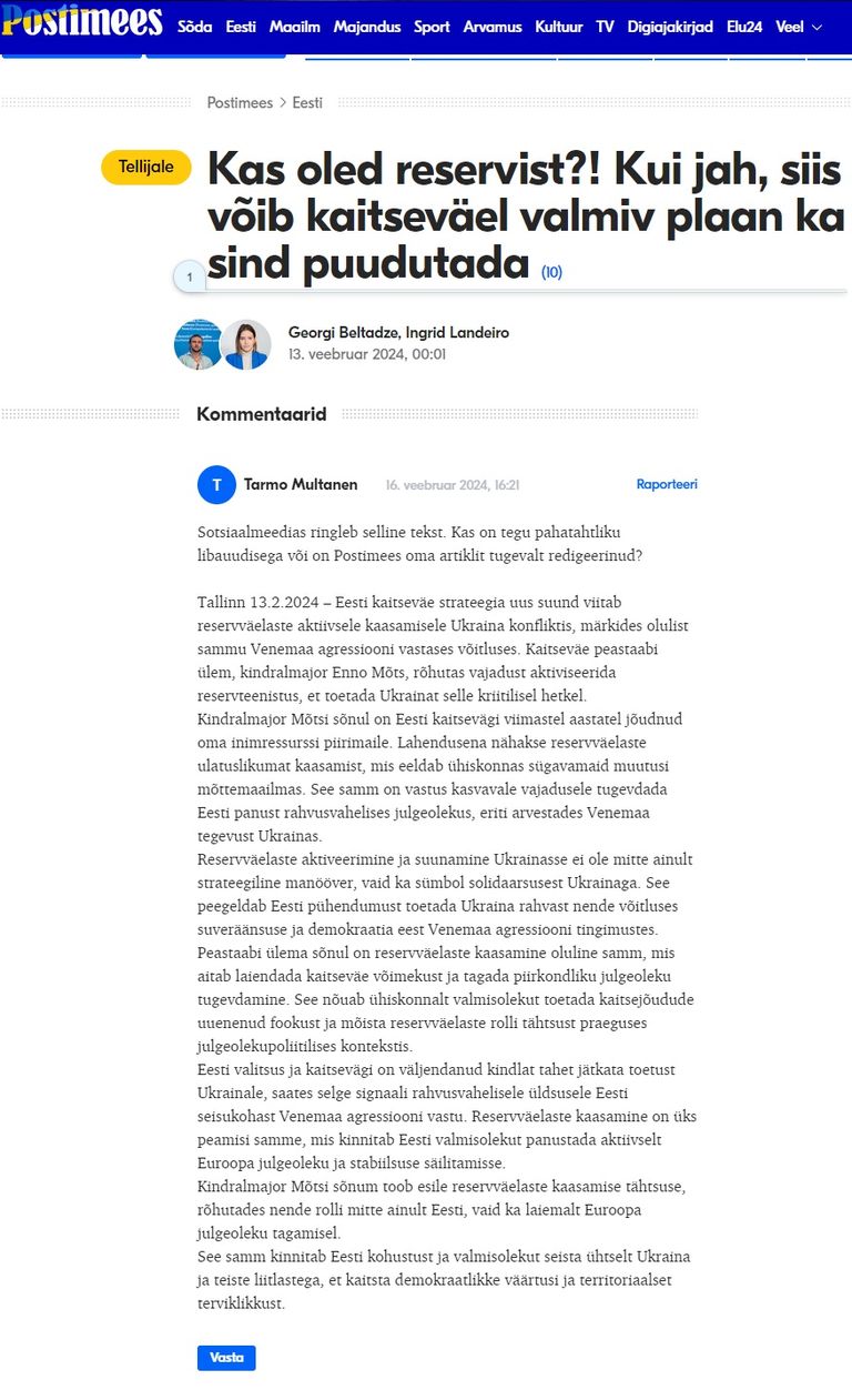Valeinformatsiooni sisaldav tekst, mis on Postimehe artikli juurde lisatud kommentaarina.