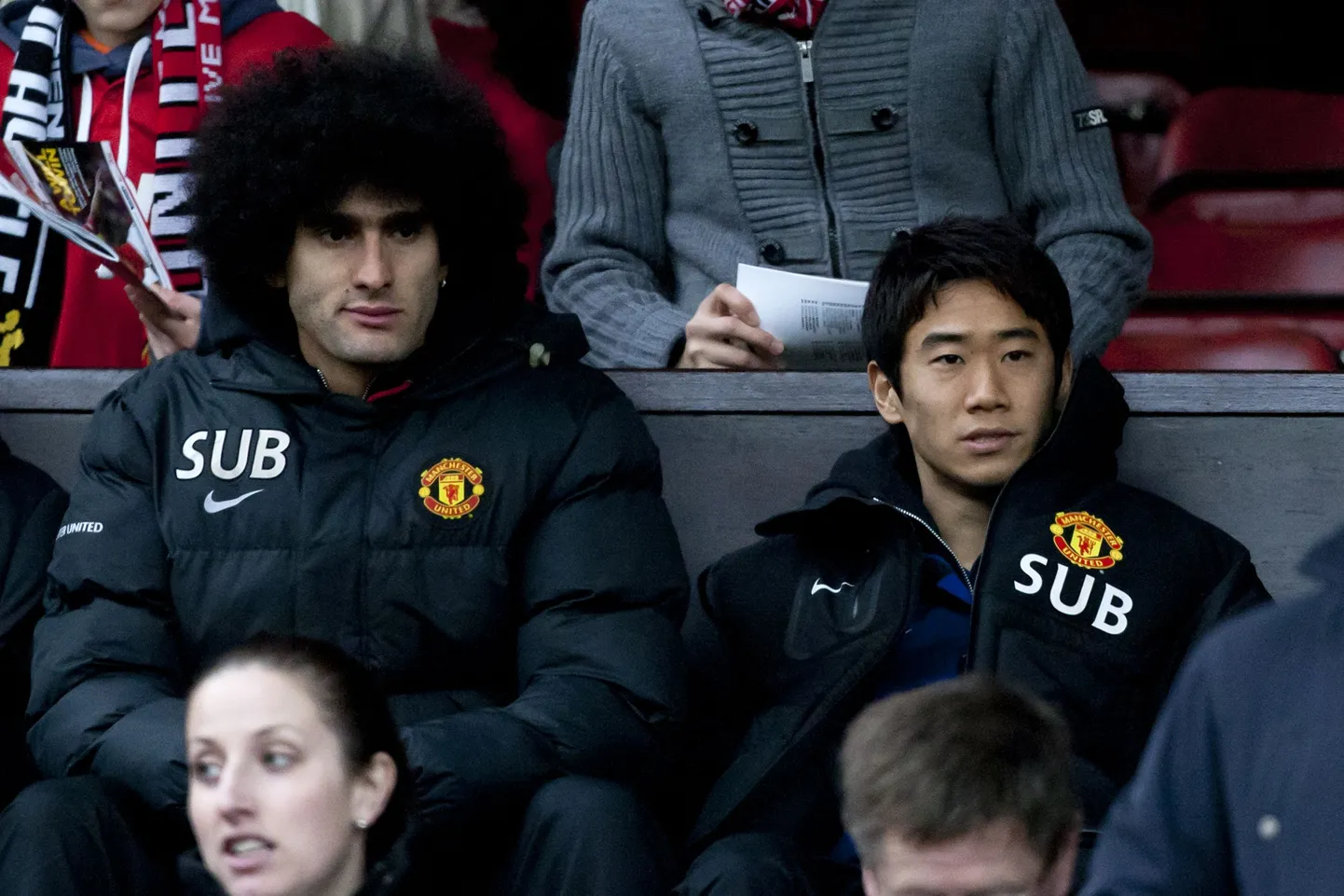 ManU mängijad Marouane Fellaini (vasakul) ja Shinji Kagawa.