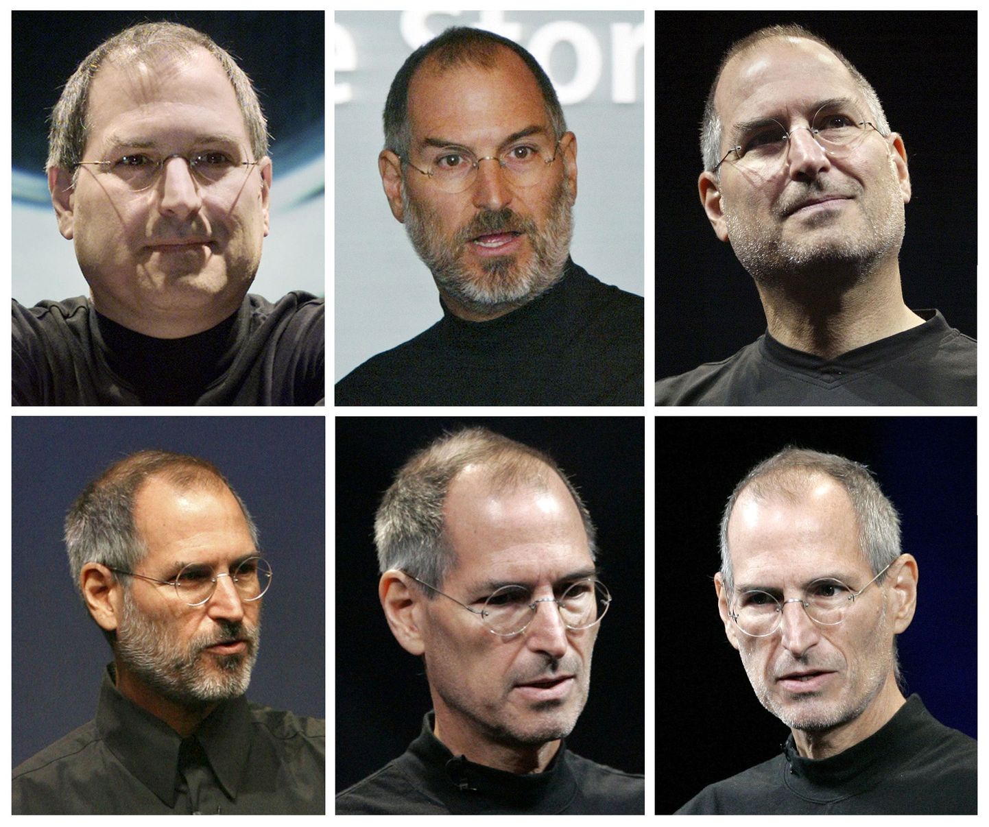 Steve Jobs (vasakult paremale) aastatel 2000, 2003, 2005 ning alumises reas 2006,  2008 ja 2009
