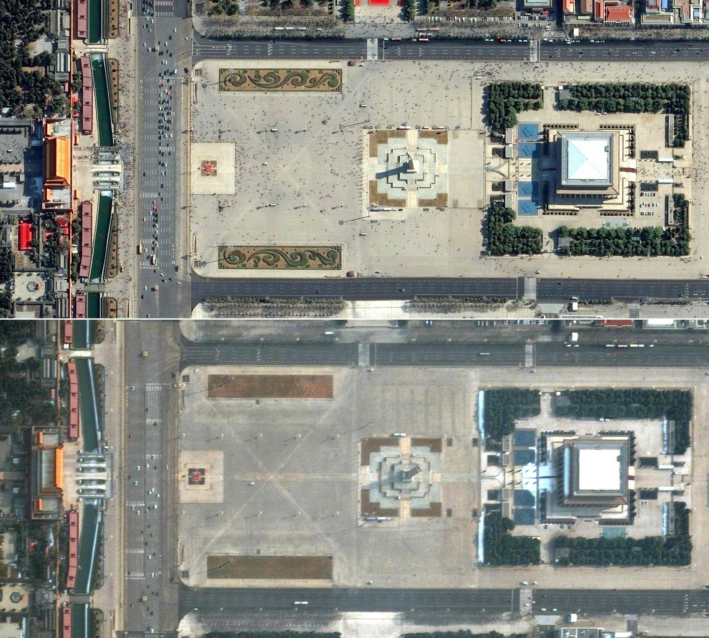 Hiina Pekingi Tianmeni väljak enne (üleval) ja pärast koroonaviiruse puhkemist