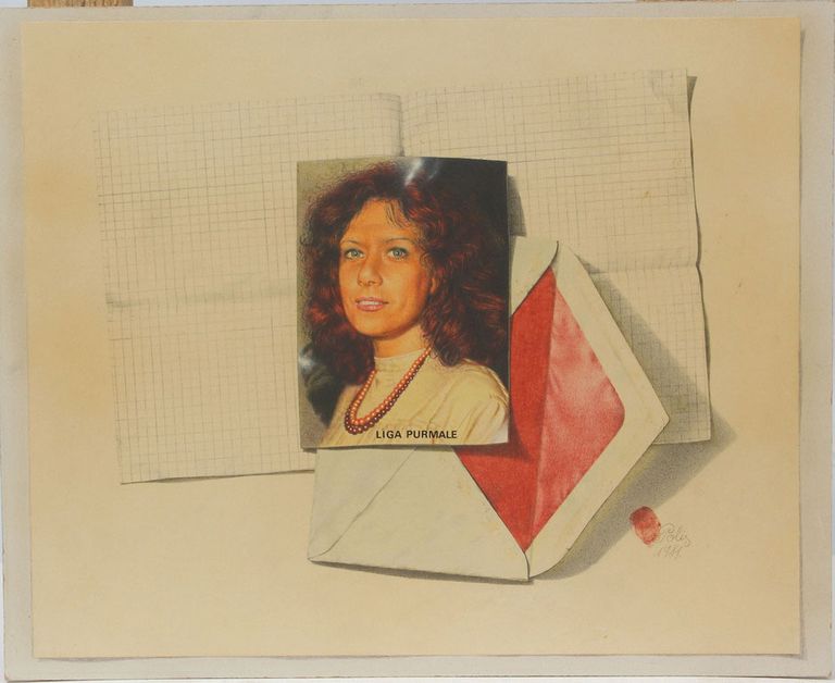 Miervaldis Polis(1948)"Vēstule no sievas"1981. Kartons, papīrs, jaukta tehnika - tempera, krāsainie zīmuļi, laka. 35x42 cm