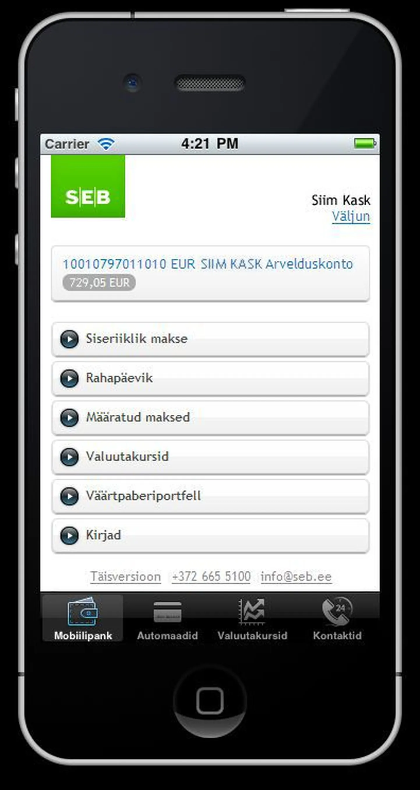 SEB iPhone'i tehingukeskkond.