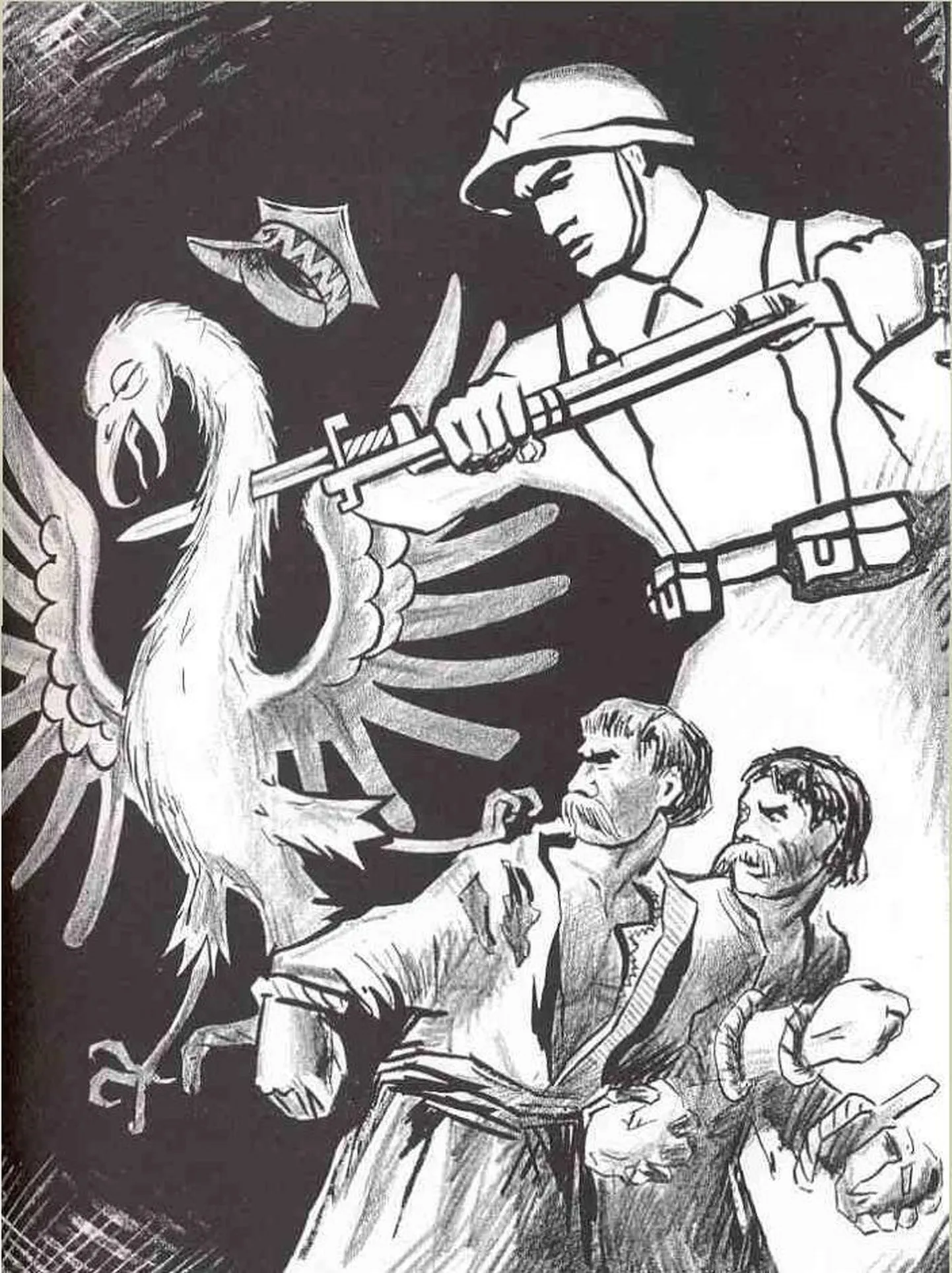 Nõukogude propagandaplakat 1939. aastast, mis kujutab punaväelast, kes «vabastab» ukraina ja valgevene talupoegi Poola türannia küüsist.