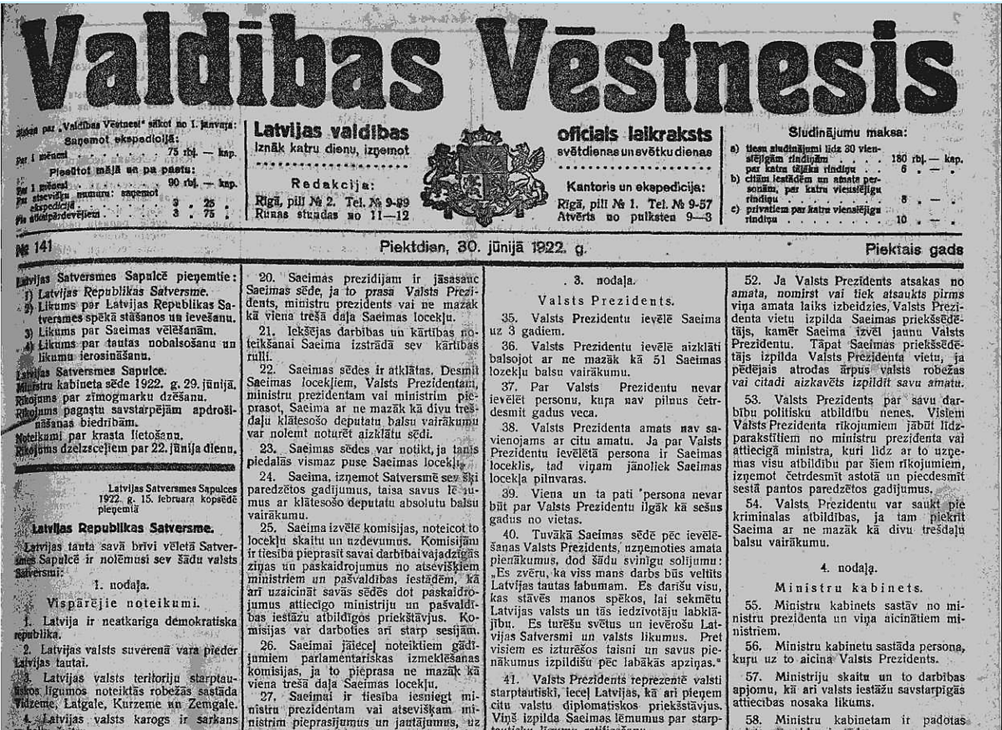 Latvijas Republikas izsludināšana "Valdības Vēstnesī" 1922. gada 30. jūnijā