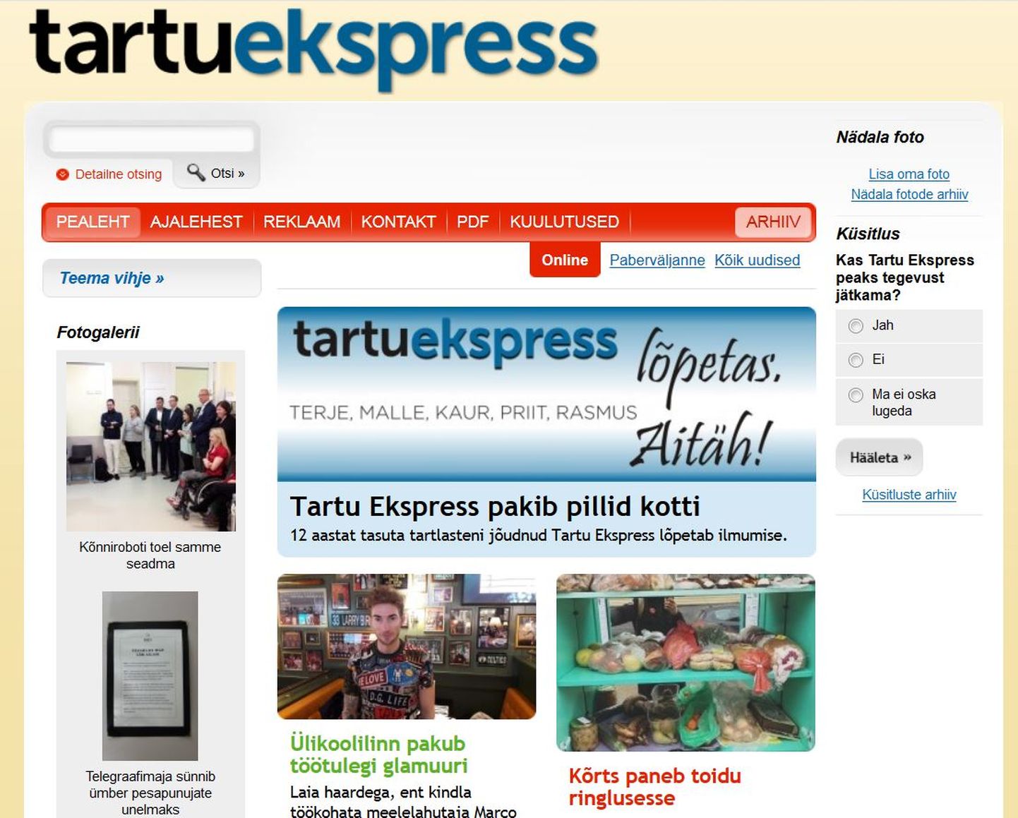 Tartu Ekspressi esileht 4. veebruaril veebis.