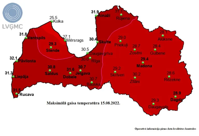 15.augustā 12 novērojumu stacijās uzstādīti jauni 15. augusta maksimālās gaisa temperatūras rekordi