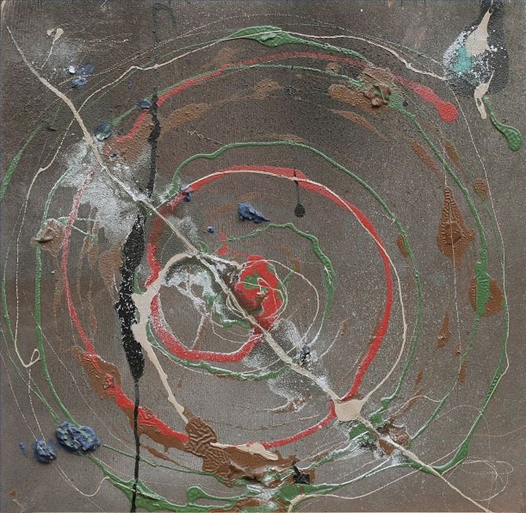 Rūdolfs Pīpkalējs "Visuma krāsainā kustība ap melno asaru", 1983.-87.g., finieris, alkīda krāsa, 53.5x53.5 cm
Sākuma cena: 450 €