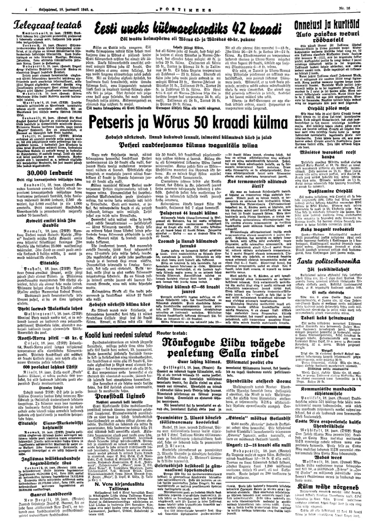 Postimees 18. jaanuaril 1940. aastal.